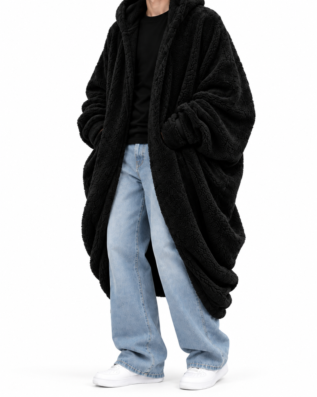 Fur Hoodie Blanket - Black