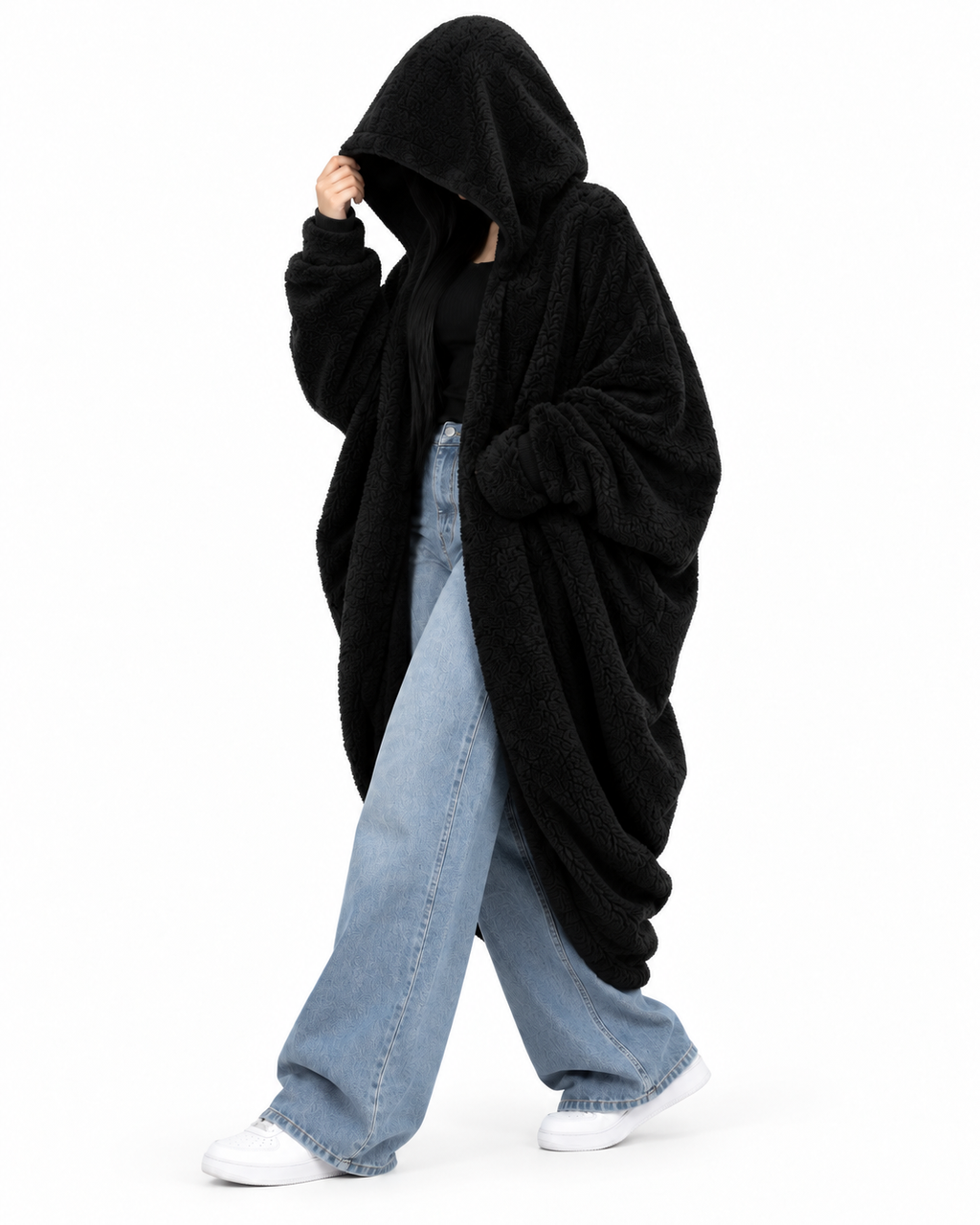 Fur Hoodie Blanket - Black